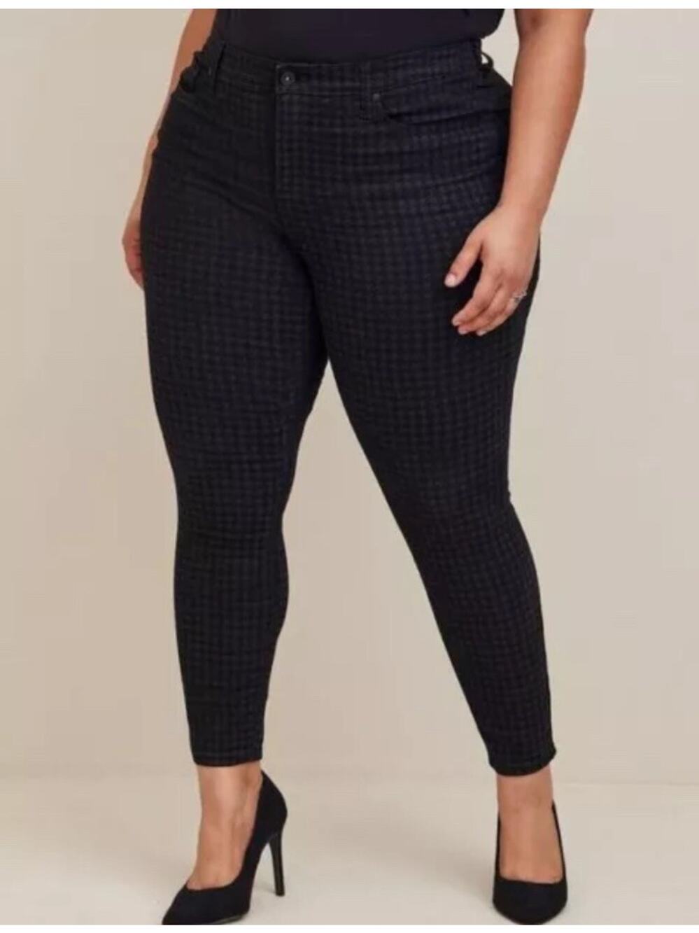 Torrid Black Gray Houndstooth Super Soft Denim Sky High Rise Skinny Jeans 16